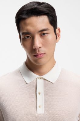 Short-sleeved structured-knit sweater in silk and cotton, Light Beige