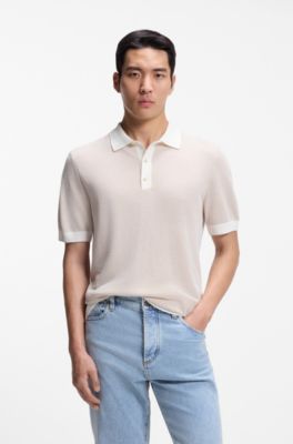 Short-sleeved structured-knit sweater in silk and cotton, Light Beige