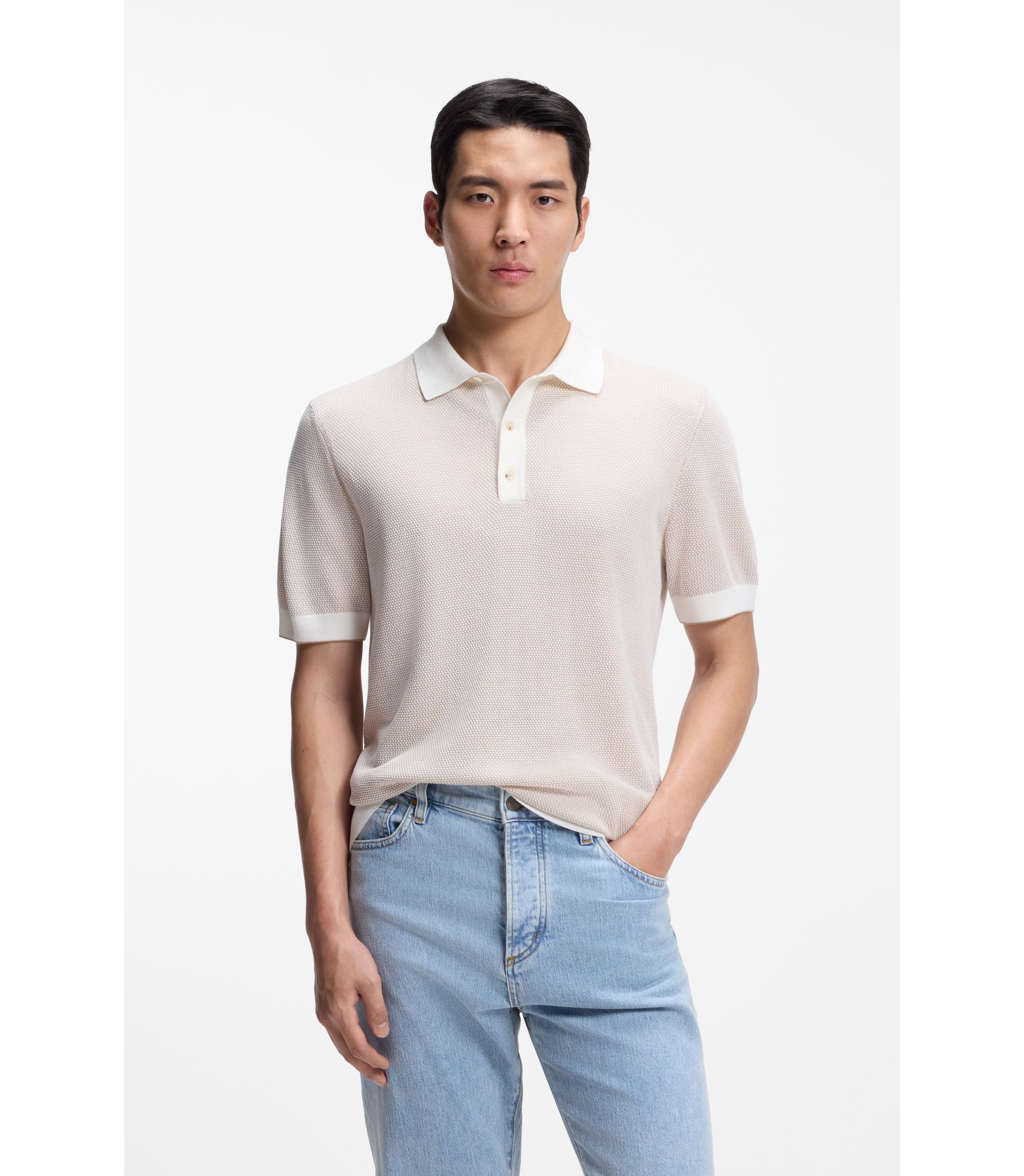 Kurzarm-Pullover mit strukturierter Strickstruktur aus Seide und Baumwolle