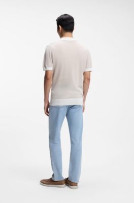 Short-sleeved structured-knit sweater in silk and cotton, Light Beige