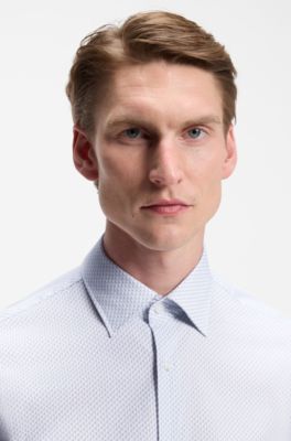 Regular-fit shirt in printed stretch-cotton poplin, Light Blue