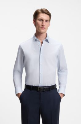 Regular-fit shirt in printed stretch-cotton poplin, Light Blue