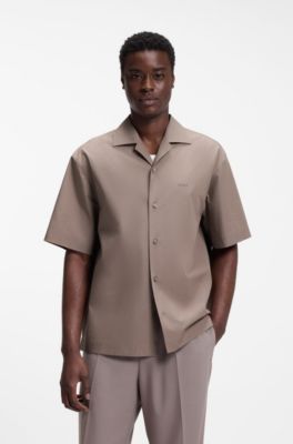 Oversized-fit shirt in paper-touch cotton, Light Brown