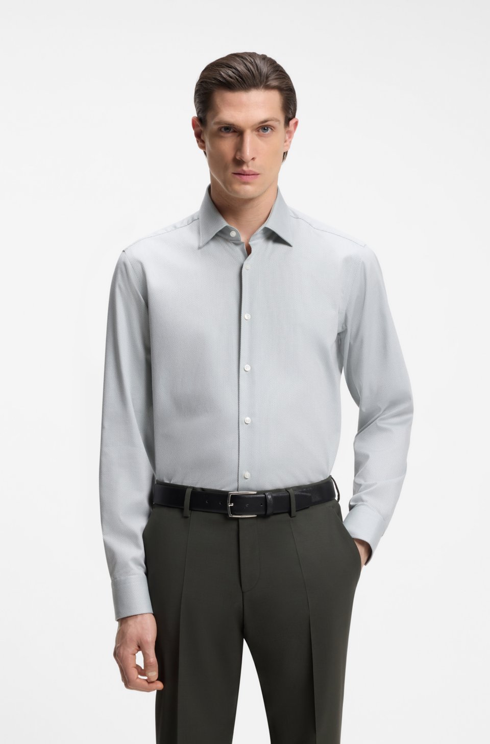 Regular-fit shirt in easy-iron stretch-cotton dobby