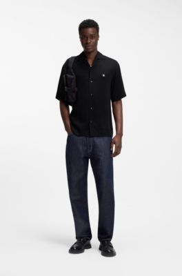 Oversized-fit shirt with stacked-logo trim, Black