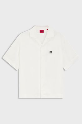 Oversized-fit shirt with stacked-logo trim, Natural