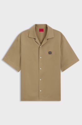 Oversized-fit shirt with stacked-logo trim, Beige