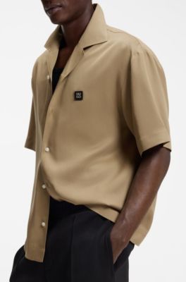 Oversized-fit shirt with stacked-logo trim, Beige
