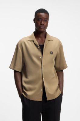 Oversized-fit shirt with stacked-logo trim, Beige