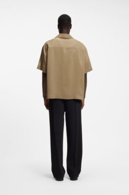 Oversized-fit shirt with stacked-logo trim, Beige