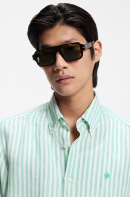 Regular-fit shirt in striped linen, Green Stripes