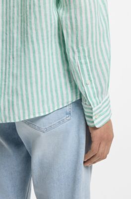 Regular-fit shirt in striped linen, Green stripes
