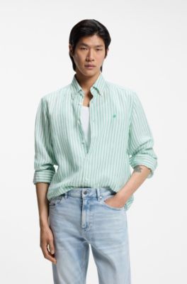 Regular-fit shirt in striped linen, Green stripes