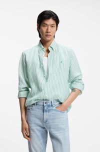 Regular-fit shirt in striped linen, Green stripes