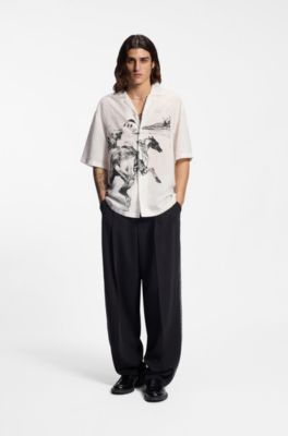 Oversized-fit shirt with horse racing print, White Patterned