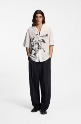 Oversized-fit shirt with horse racing print, White Patterned