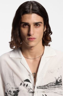 Oversized-fit shirt with horse racing print, White Patterned