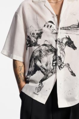 Camicia oversize con stampa ispirata alle corse di cavalli, Bianco a motivi
