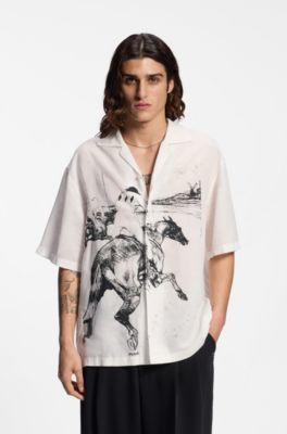Oversized-fit shirt with horse racing print, White Patterned