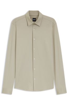 Slim-fit shirt in structured performance-stretch fabric, Light Beige