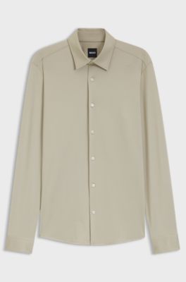 Slim-fit shirt in structured performance-stretch fabric, Light Beige