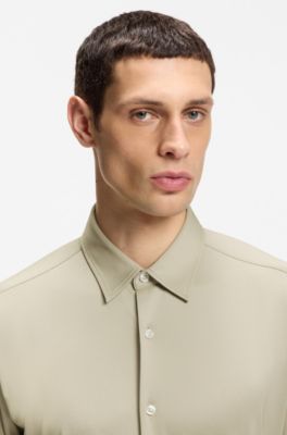 Slim-fit shirt in structured performance-stretch fabric, Light Beige