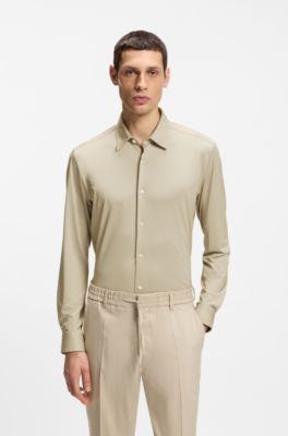 Slim-fit shirt in structured performance-stretch fabric, Light Beige