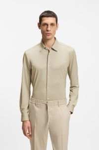 Slim-fit shirt in structured performance-stretch fabric, Light Beige