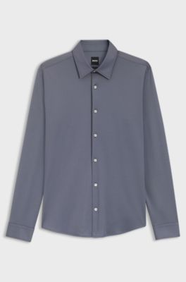 Slim-fit overhemd van gestructureerd hoogwaardig stretchmateriaal, Donkerblauw
