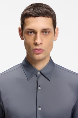 Slim-fit overhemd van gestructureerd hoogwaardig stretchmateriaal, Donkerblauw