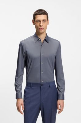 Slim-fit overhemd van gestructureerd hoogwaardig stretchmateriaal, Donkerblauw