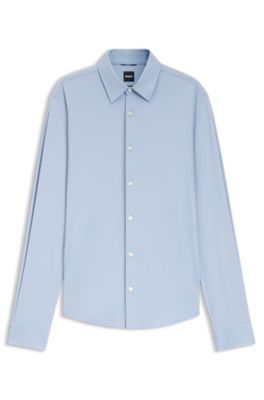 Slim-fit shirt in structured performance-stretch fabric, Light Blue