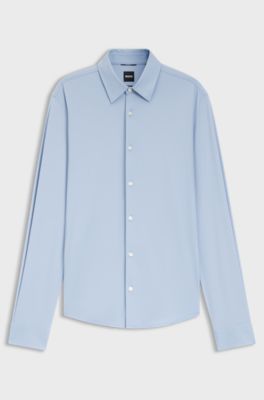 Camicia slim fit in tessuto elasticizzato strutturato ad alte prestazioni, Celeste