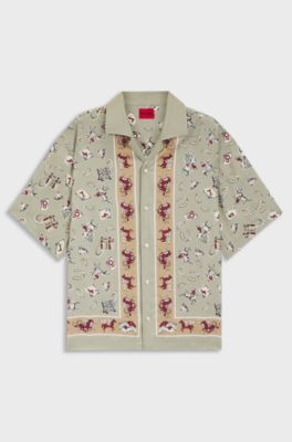 Oversized-fit shirt with statement print, Green Patterned