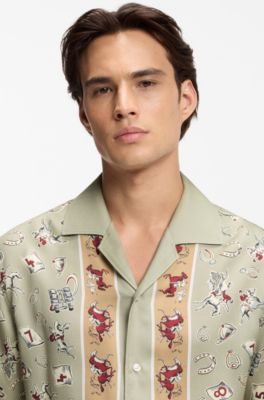 Oversized-fit shirt with statement print, Green Patterned