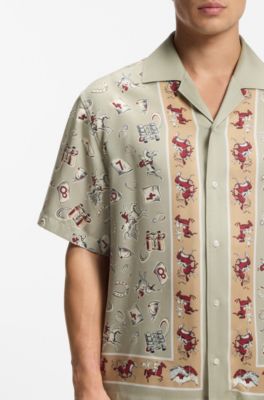 Oversized-fit shirt with statement print, Green Patterned