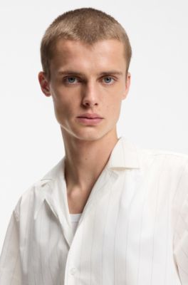 Camicia relaxed fit in popeline di cotone con stampa, Righe bianche