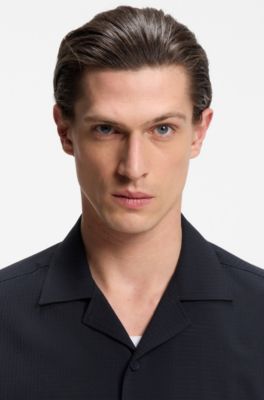 Chemise coupe d&eacute;contract&eacute;e en laine m&eacute;lang&eacute;e &agrave; motif en mesh, Bleu fonc&eacute;