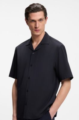 Chemise coupe d&eacute;contract&eacute;e en laine m&eacute;lang&eacute;e &agrave; motif en mesh, Bleu fonc&eacute;
