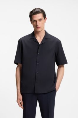 Camicia relaxed fit in misto lana con motivo in mesh, Blu scuro