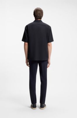 Chemise coupe d&eacute;contract&eacute;e en laine m&eacute;lang&eacute;e &agrave; motif en mesh, Bleu fonc&eacute;