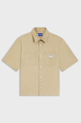Oversized-fit shirt in slub cotton with patch pockets, Beige