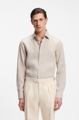 Camicia slim fit in lino italiano, Beige chiaro