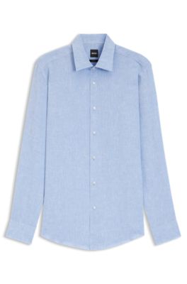 Slim-fit shirt in Italian-made linen, Light Blue