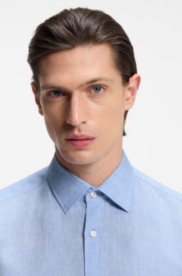 Slim-fit shirt in Italian-made linen, Light Blue