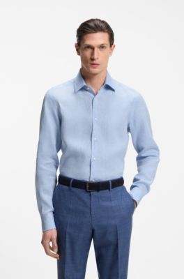 Slim-fit shirt in Italian-made linen, Light Blue