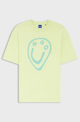 Cotton-jersey T-shirt with melted-effect Happy HUGO print, Light Green