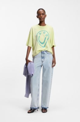 Cotton-jersey T-shirt with melted-effect Happy HUGO print, Light Green