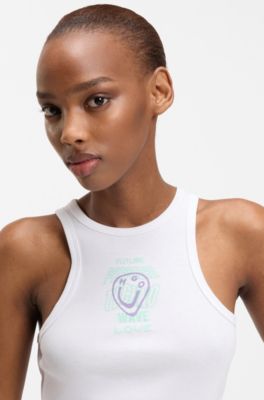 Geripptes Tanktop aus Baumwolle mit Logo-Kunstwerk, Wei&szlig;