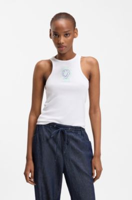Geripptes Tanktop aus Baumwolle mit Logo-Kunstwerk, Wei&szlig;
